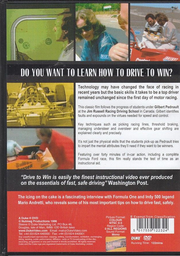Drive to Win DVD back cover with racing photos and instructional text; Gilbert Pednault & Andretti