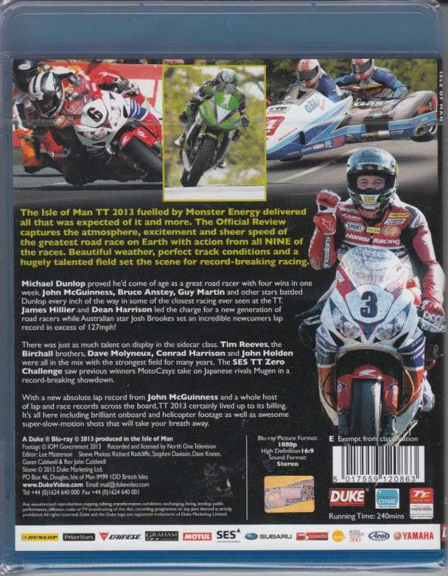 Blu-ray case back cover with motorcycle race photos, text blocks, and barcode sticker.