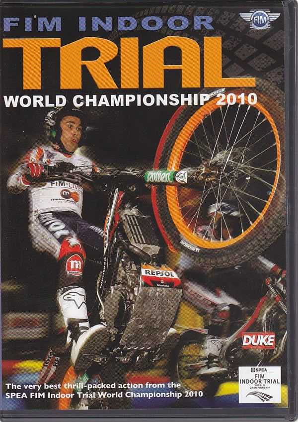 DVD front cover with cyclist on trial motorcycle and orange wheel, FIM Indoor 2010