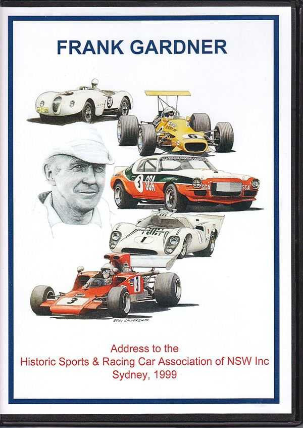 Racing DVD cover with driver portrait, cars illustration, and FRANK GARDNER title text