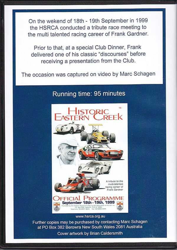 Racing documentary DVD cover with Historic Eastern Creek programme and running time