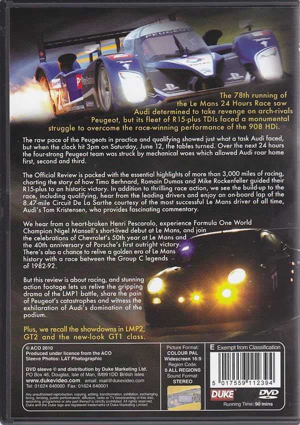 Le Mans 2010 official review DVD case back with racing car photo and summary text