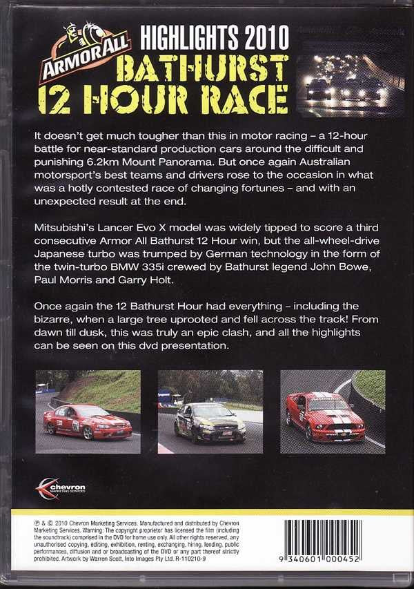 Bathurst 12 Hour Race 2010 DVD back cover with race notes and 3 car photos