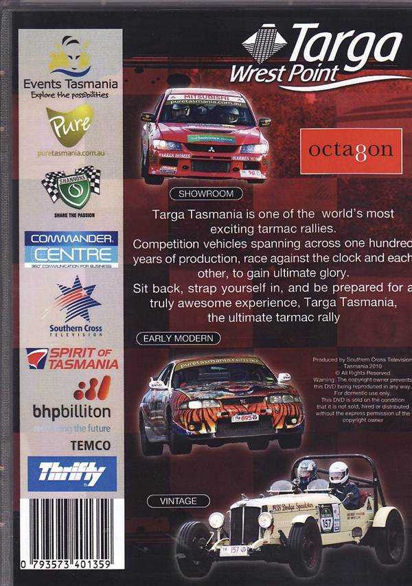 Targa Tasmania 2010 DVD set back cover with race photos and event logos