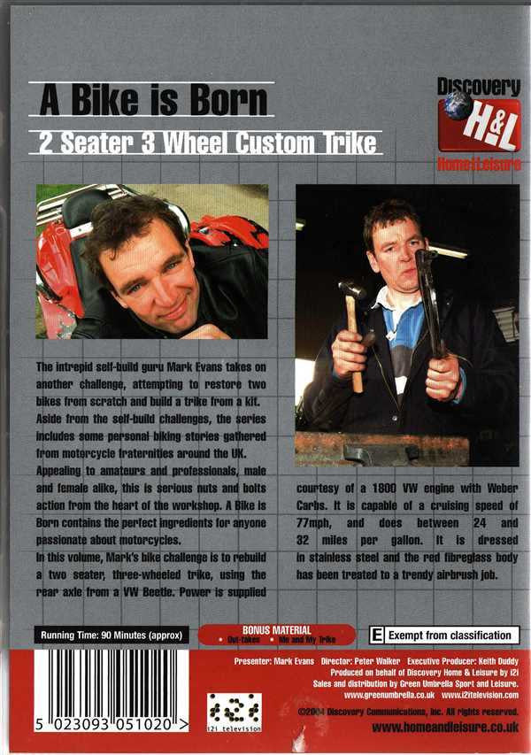 DVD cover: 2-seat 3-wheel custom trike with man portrait and discovery logo