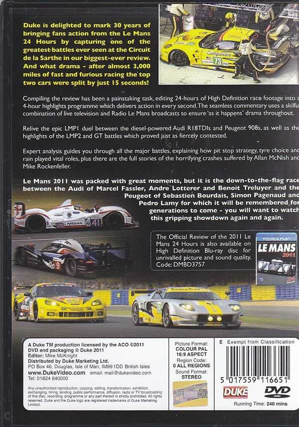 Racing DVD back cover with barcode label and multiple car photos, text blocks