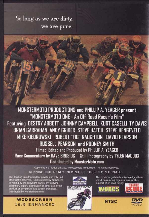 Off-road racer film DVD back cover with motorcycle lineup and title text