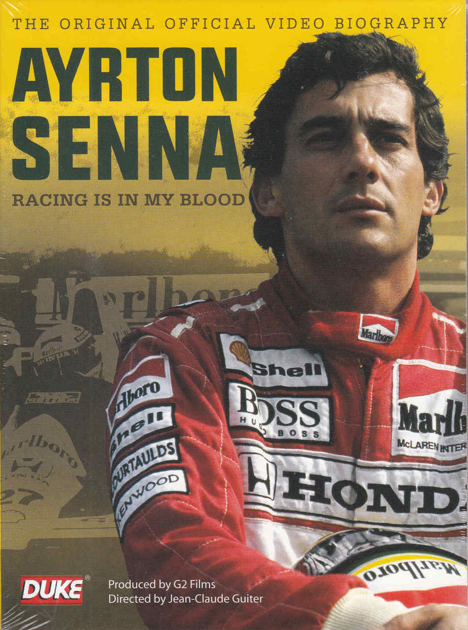 Ayrton Senna racing documentary DVD cover with man in red racing suit