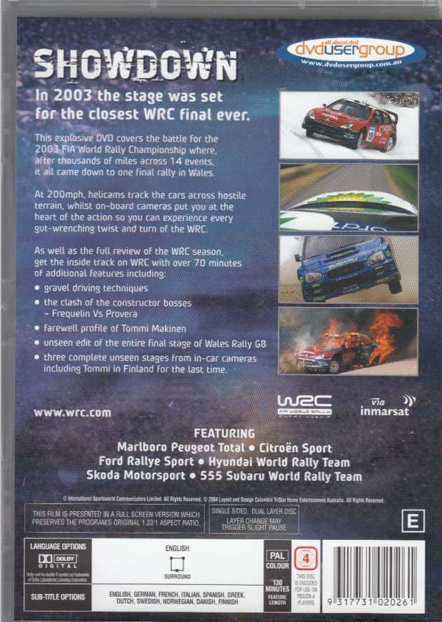 World Rally Championship Showdown DVD back cover with car photos, barcode, features text