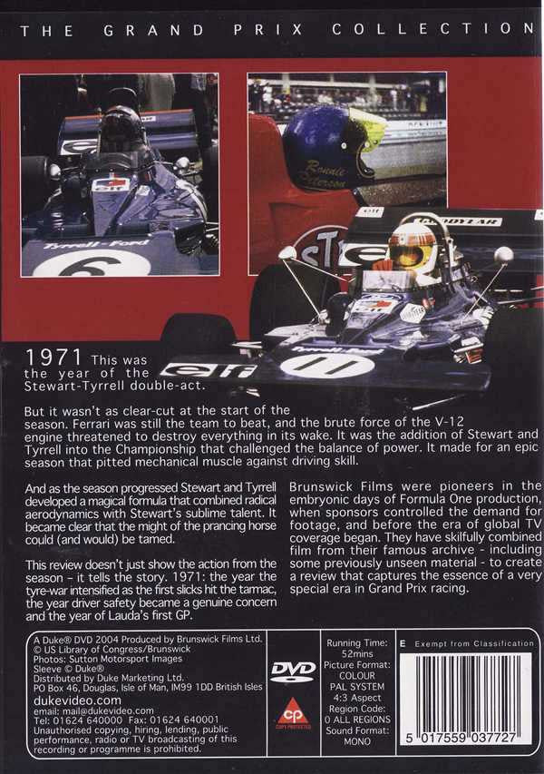 DVD back cover with two race car photos, event text blocks, and DVD logo with barcode
