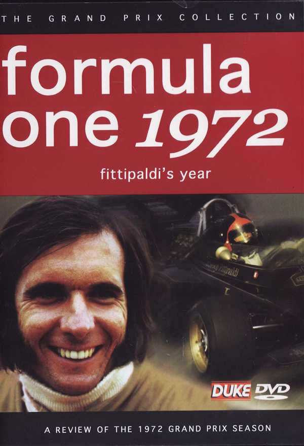 Formula One 1972 DVD cover with red title and driver portrait, Duke DVD logo