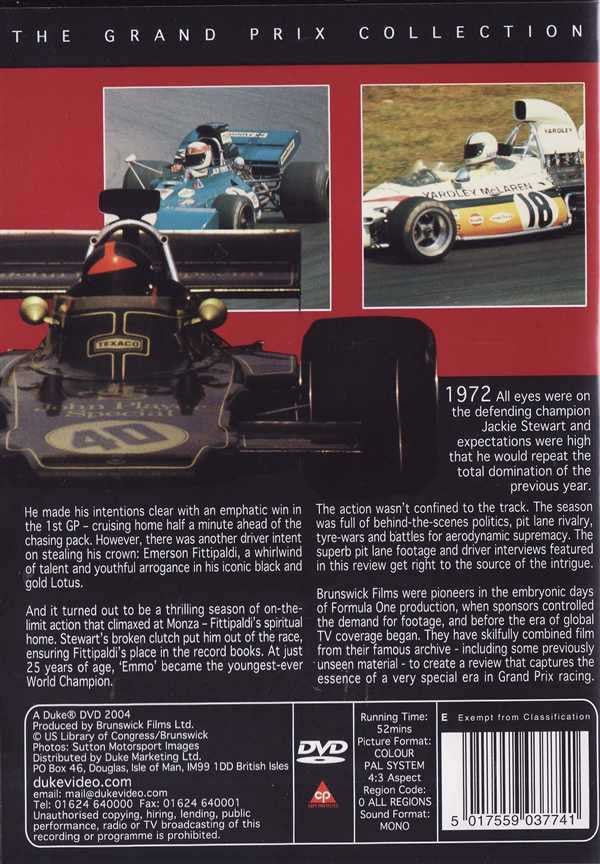 Formula One 1972 DVD back with race car photos, synopsis text, barcode panel