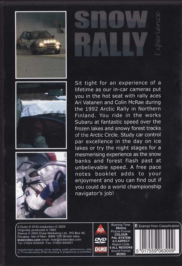 Snow Rally Experience DVD back cover with racing photos, text, and DVD logo.