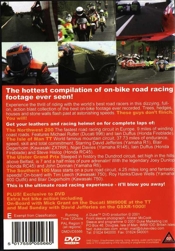 On-Bike Road Race Experience DVD back with racing collage, info text, and barcode