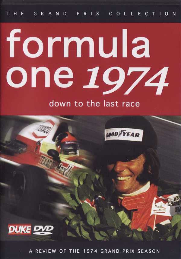 Formula One 1974 DVD cover with red title, driver photo, and Duke DVD logo