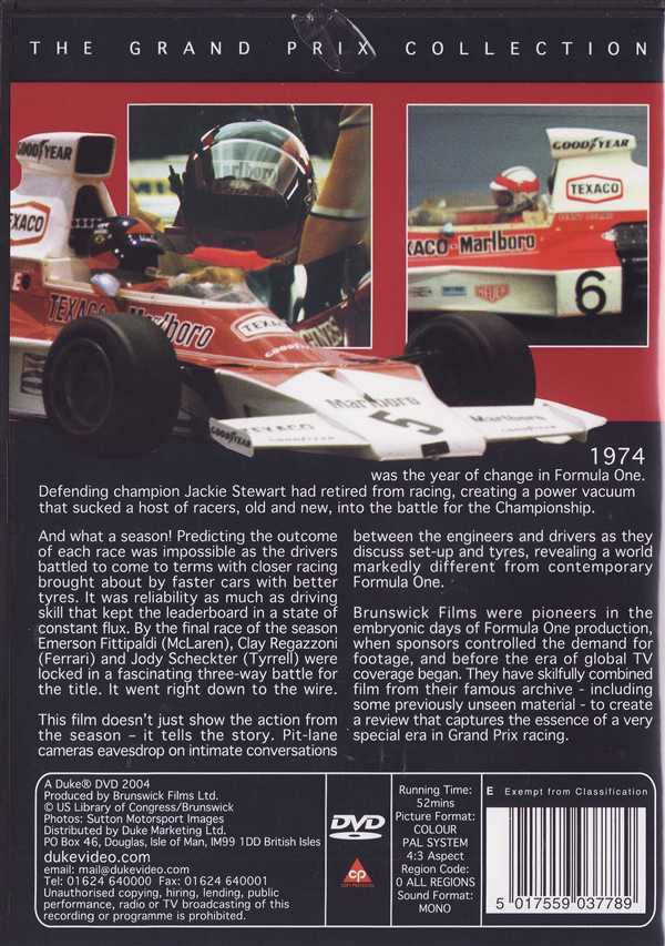 Formula One 1974 DVD back cover with race car photo and small text blocks