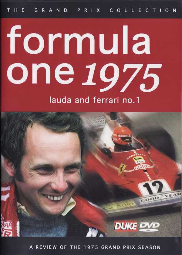 DVD cover with Formula One 1975 title, Lauda portrait, and red race car
