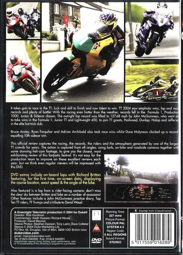 Motorcycle racing DVD case back cover with barcode and technical info text