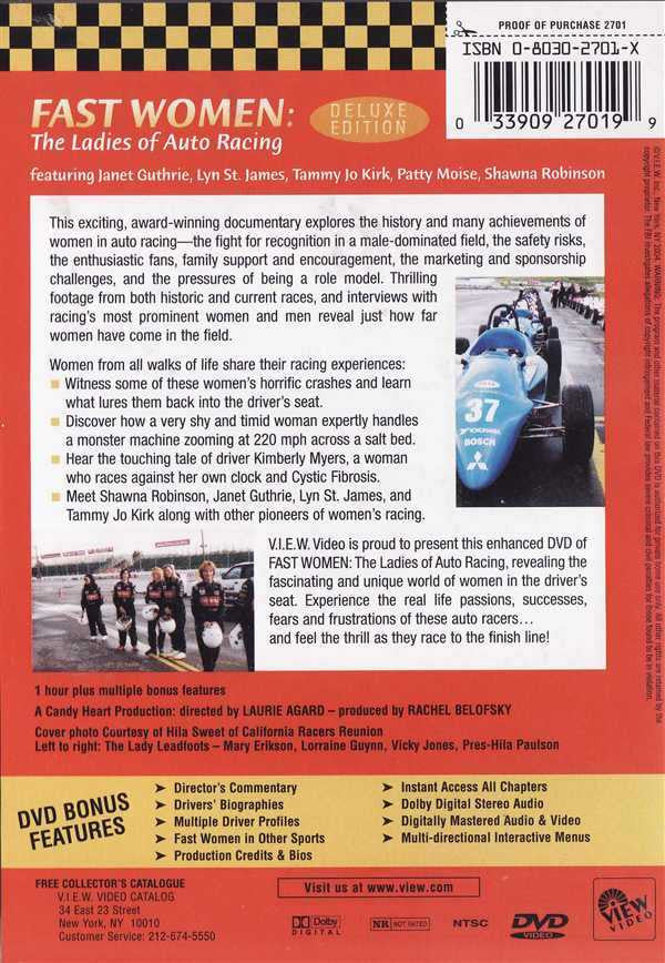 DVD back cover with description text and blue race car photo