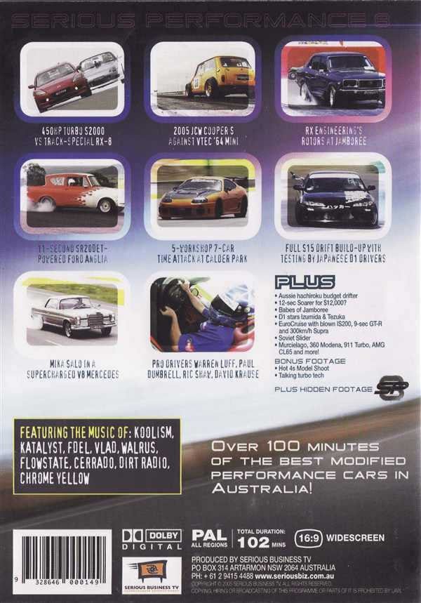 Performance car DVD back cover with car lineup and feature list