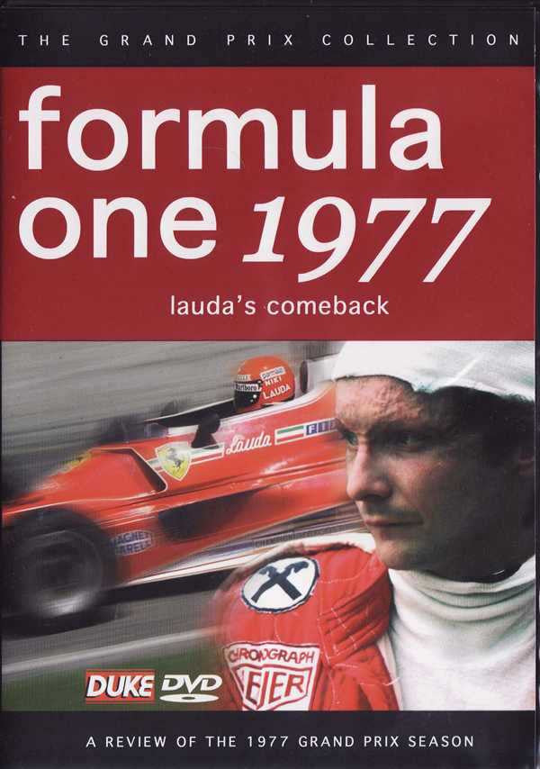 Motorsport DVD cover: red Formula One 1977, Lauda portrait, race car and helmet.