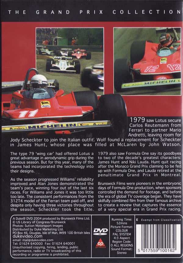 Formula One 1979 DVD back cover with race car photos and Duke DVD logo, product details