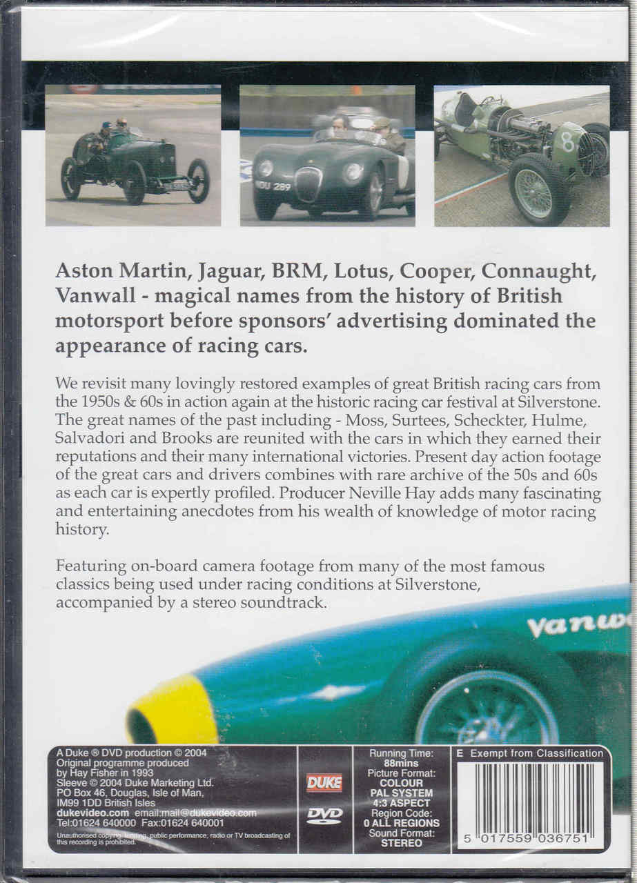 Racing Green DVD back cover with racing car photos and blocks of text