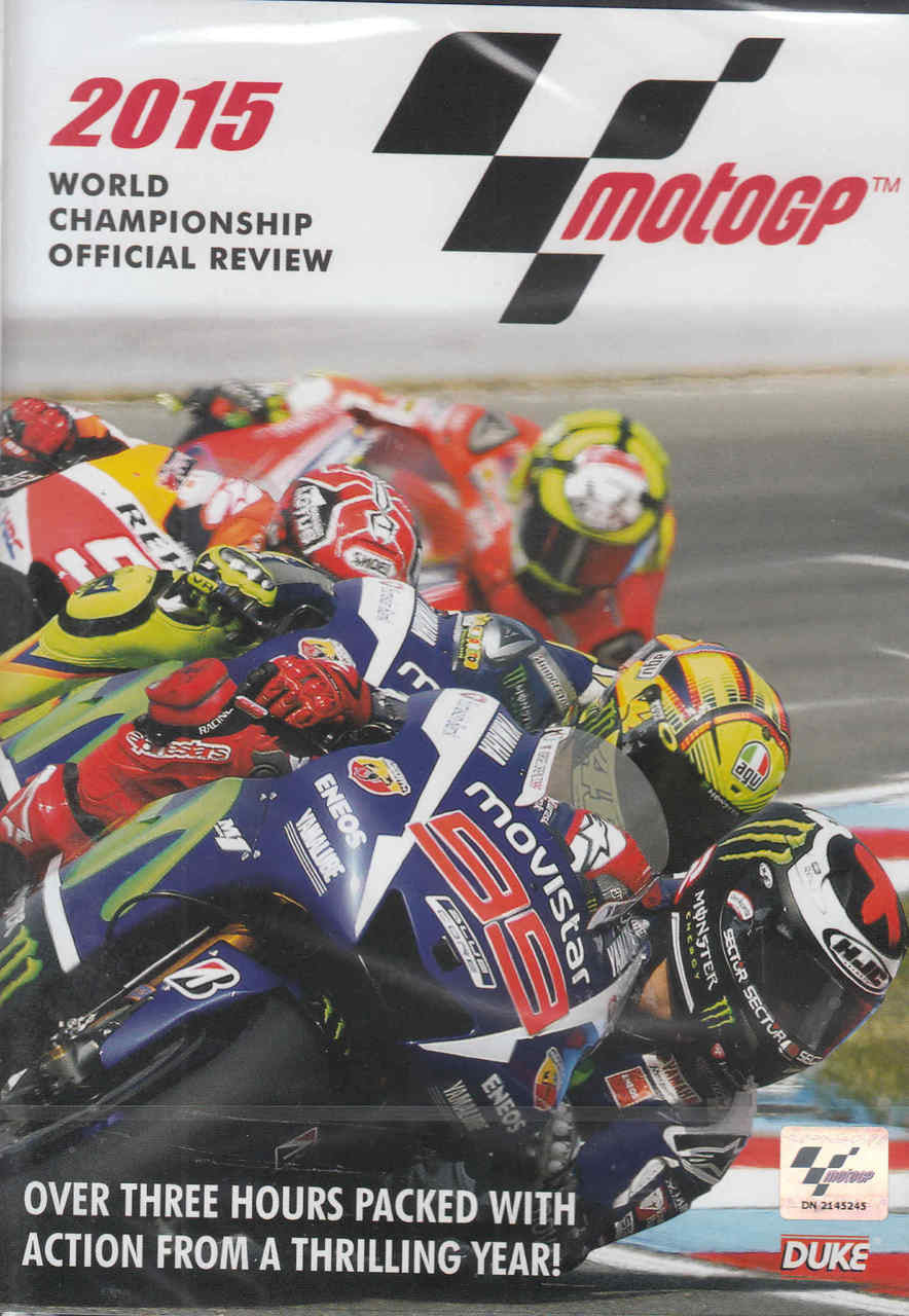 DVD cover with 2015 MotoGP logo and racing motorcycles collage, red and blue