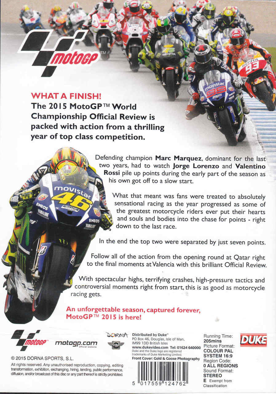 DVD back cover with MotoGP bikes in a race and dense printed information text