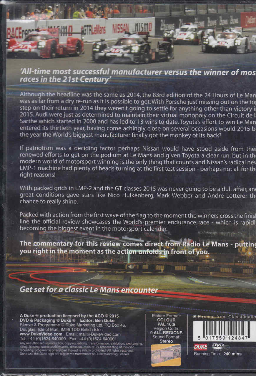 Le Mans 2015 official review DVD back cover with race photo, detailed text and barcode.