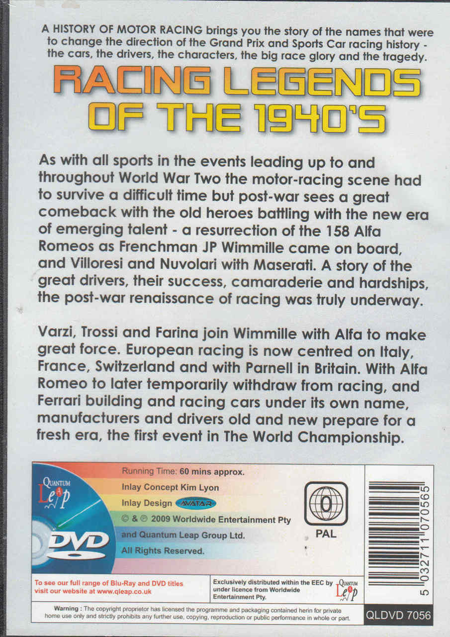 Motorsport DVD back cover with barcode and technical details