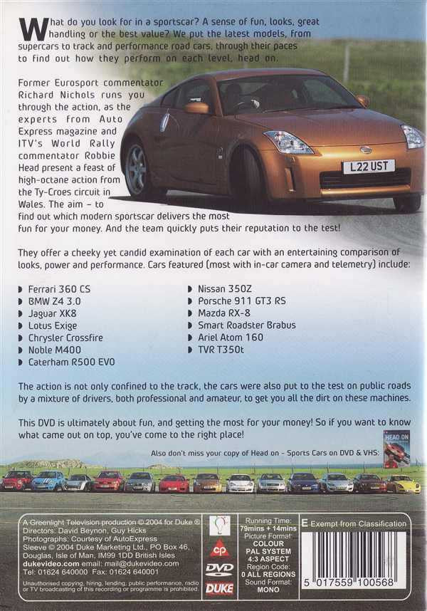 Sports cars DVD back cover with car photo, track info, and cast details