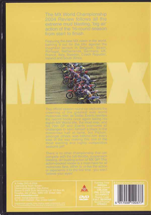 MX World Championship 2004 DVD case back with text, small bike photo, barcode