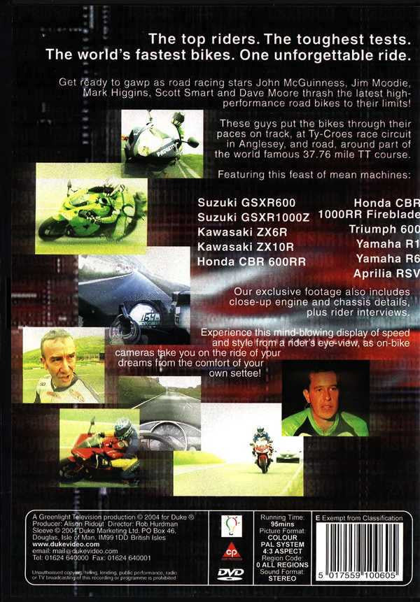 Sports motorcycle racing DVD back cover with multiple bike photos and text block