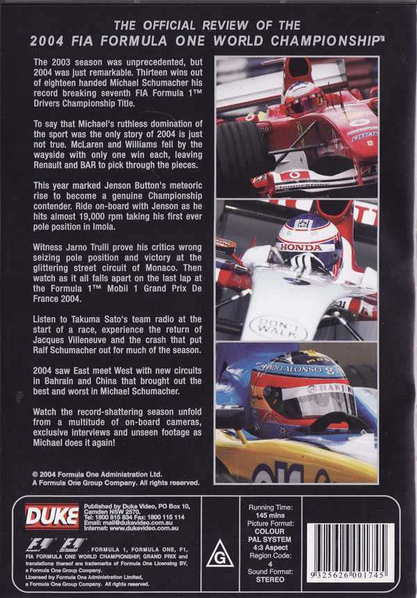 Formula One DVD back cover with race car photos and official review text
