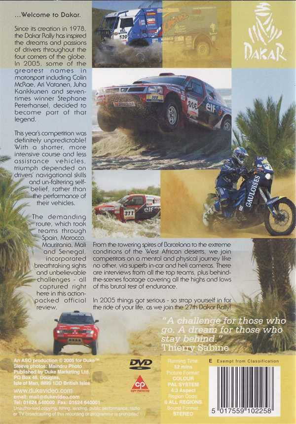 Dakar rally DVD case cover with rally car, motorcycle, and Dakar logo collage