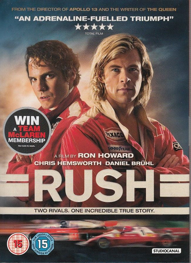 Motorsport racing DVD case front with drivers, red cars, and title Rush