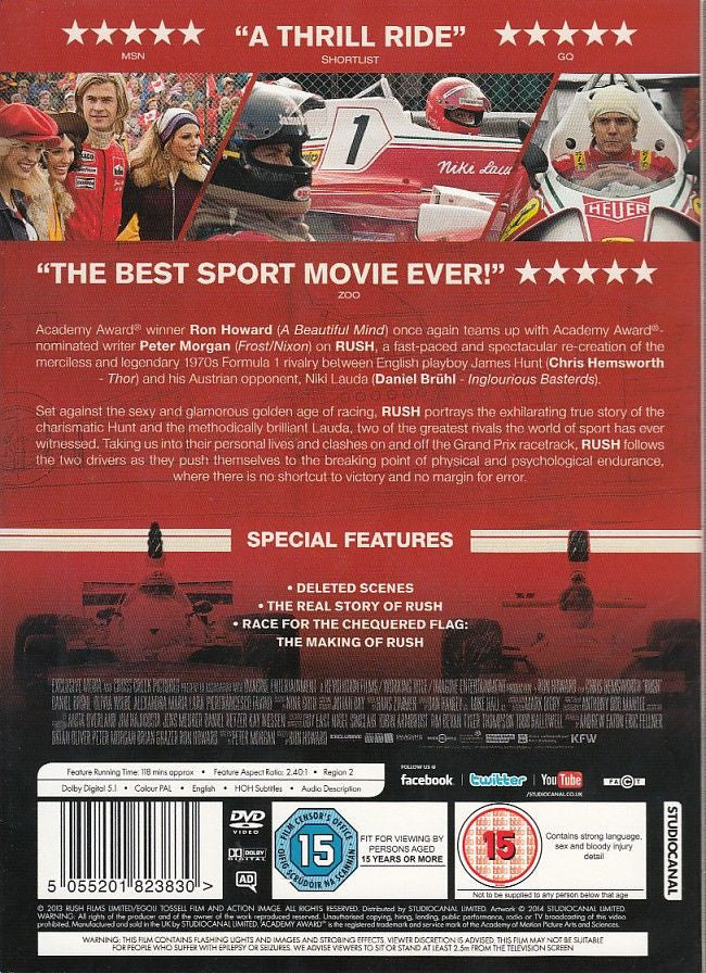 Racing film DVD case back with ratings, special features, and barcode