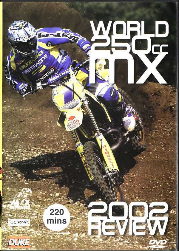 Motocross DVD cover with purple and black dirt bike and riders, 2002 Review title