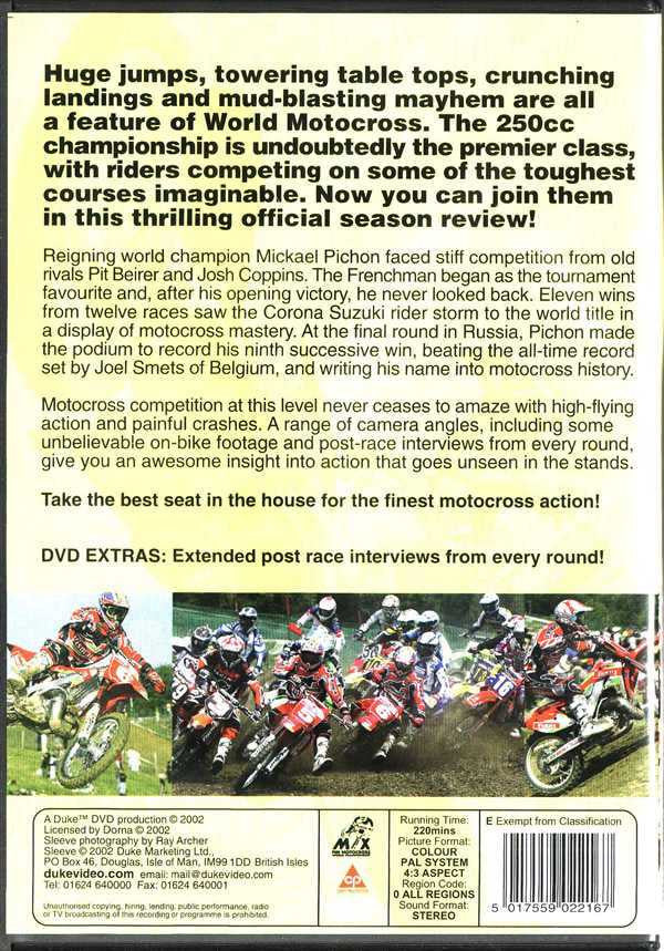 Motocross DVD back cover with riders race photo and paragraph text, barcode area