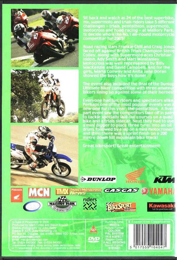 Motorcycling DVD back cover with racing bikes photos, rider images, and brand logos
