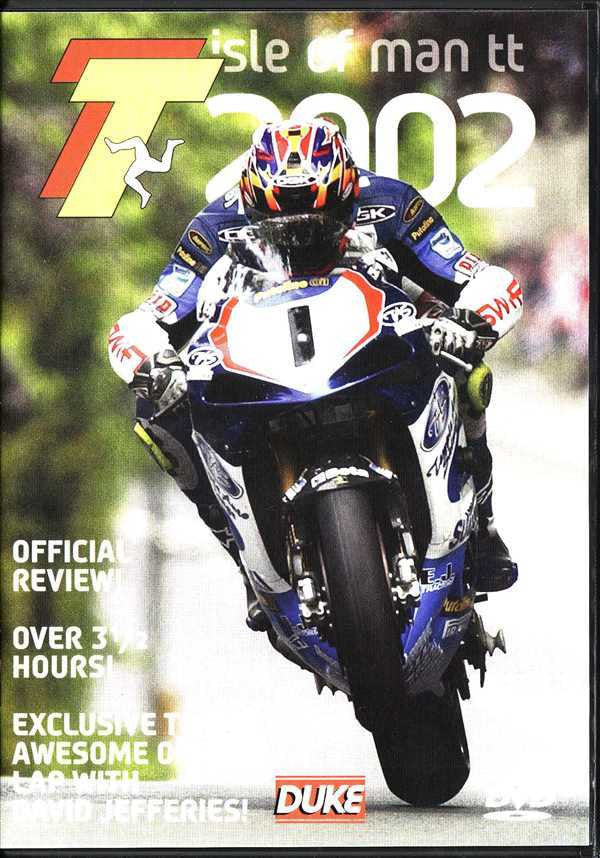 Motorcycle racing DVD cover with rider on black sportbike and '2002' title