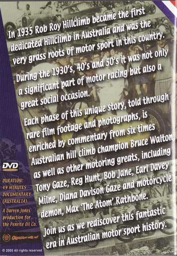 Rob Roy Hill Climb DVD back cover with documentary text and 49 minutes duration