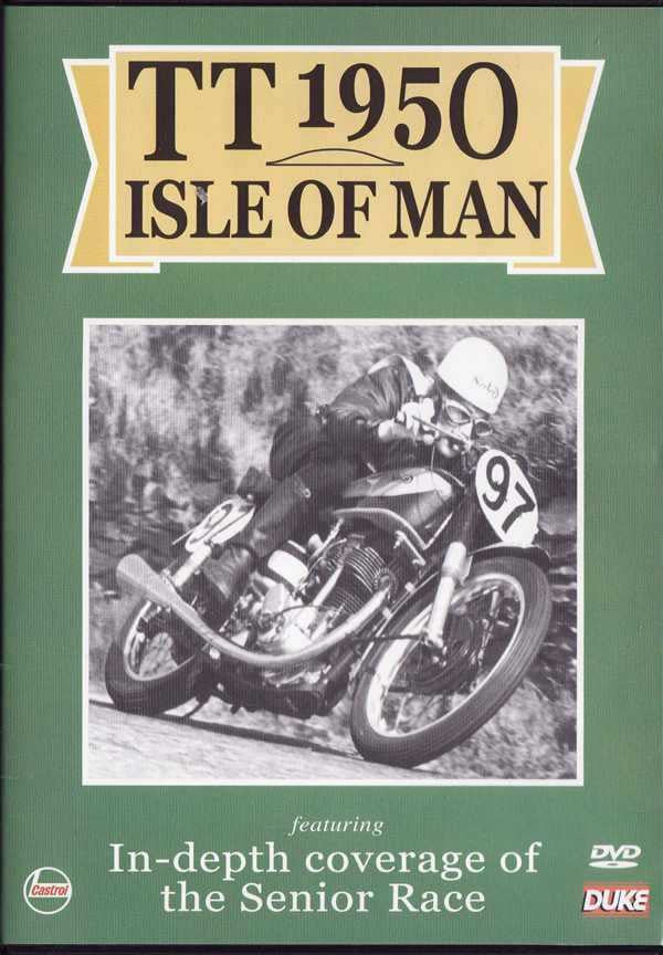 DVD case front with TT 1950 Isle of Man title, motorcycle photo, and Senior Race
