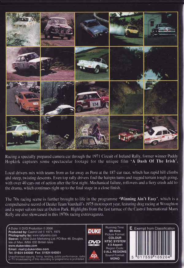Racing DVD case back cover with collage of cars, route map, and technical text