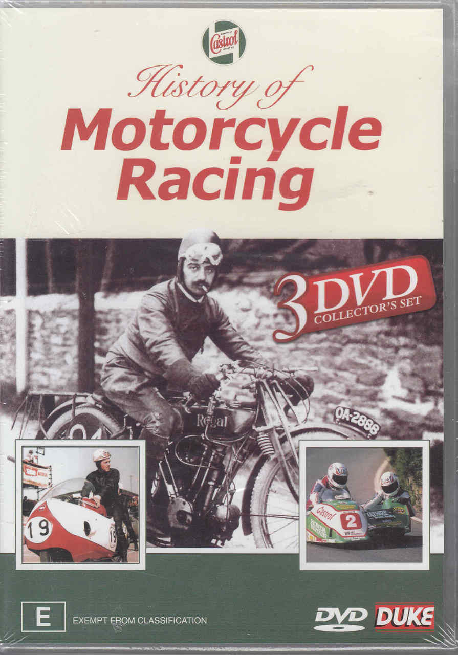 Motorcycle racing DVD set cover with rider photo and 3-DVD collector badge