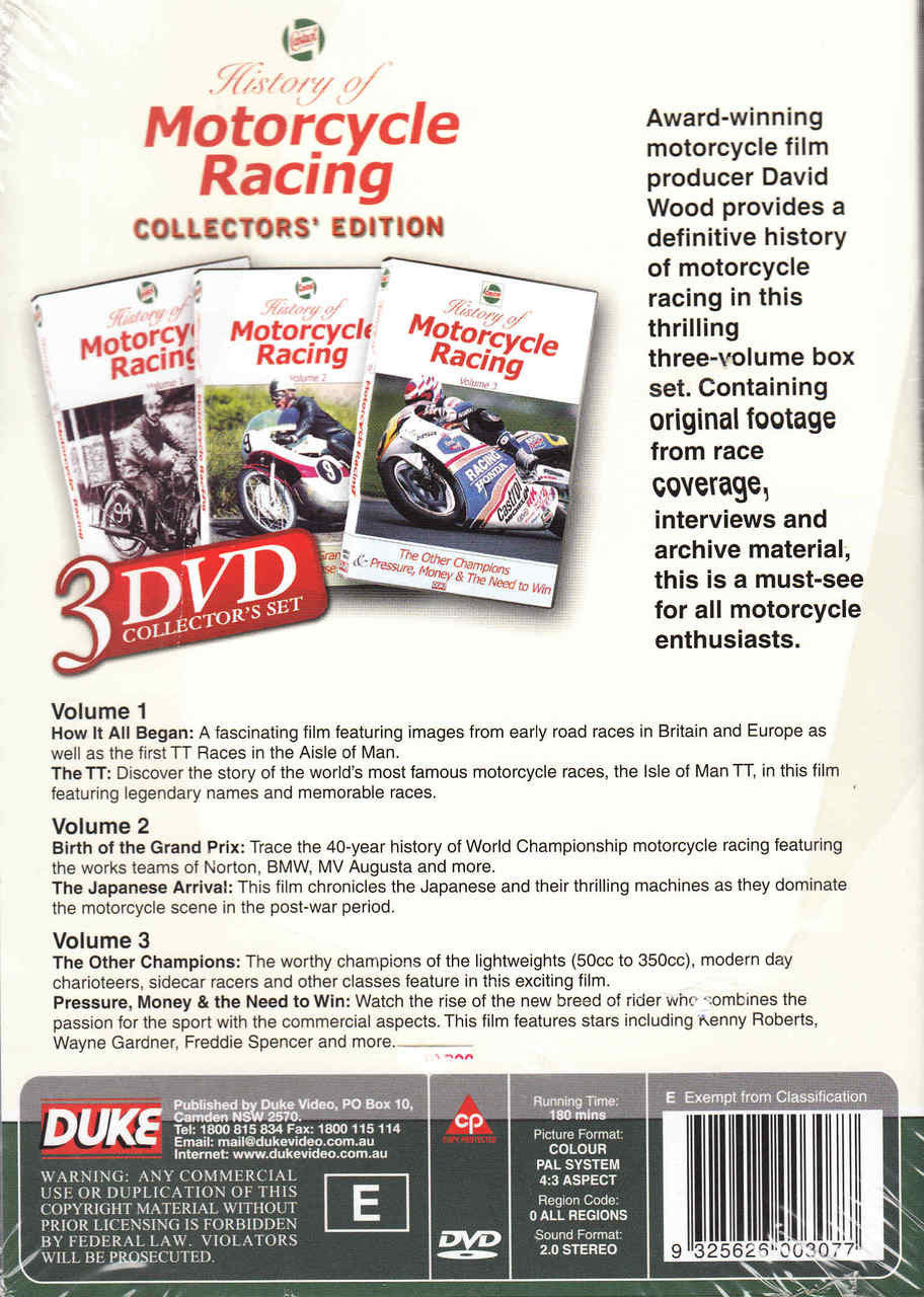Motorcycle racing 3-DVD set back cover with three DVD images and description text