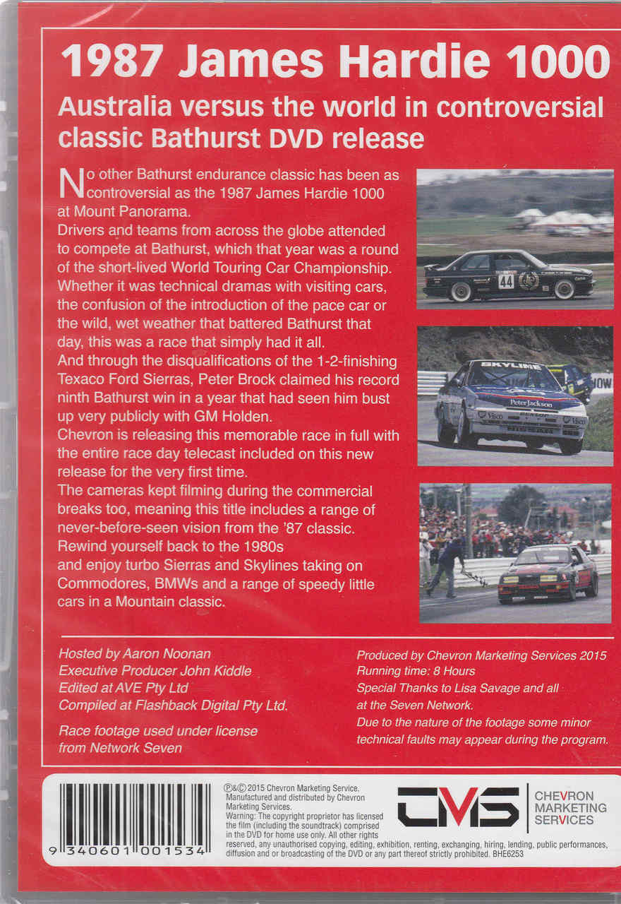 Bathurst 1987 James Hardie 1000 DVD back cover with racing photos and description text