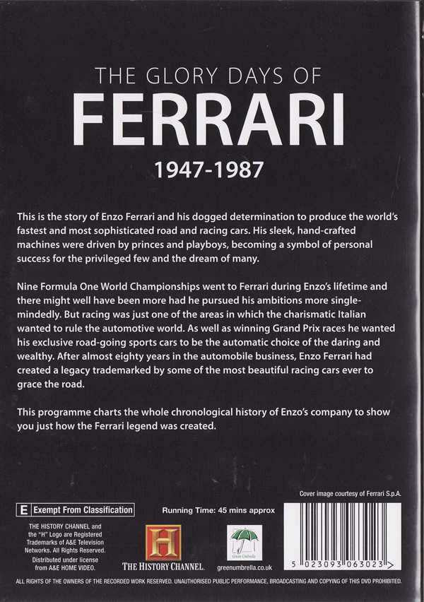 Ferrari 1947-1987 documentary DVD back cover with text and barcode