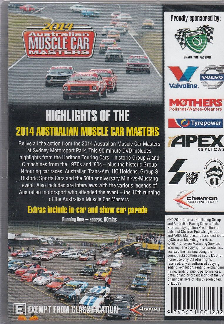 2014 muscle car masters DVD back cover with highlights text and multiple race car photos